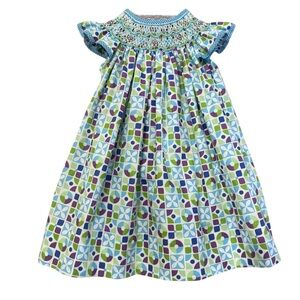 Claire & Charlie Girls 18M Smocked Geometric Print Dress Blue Green Purple